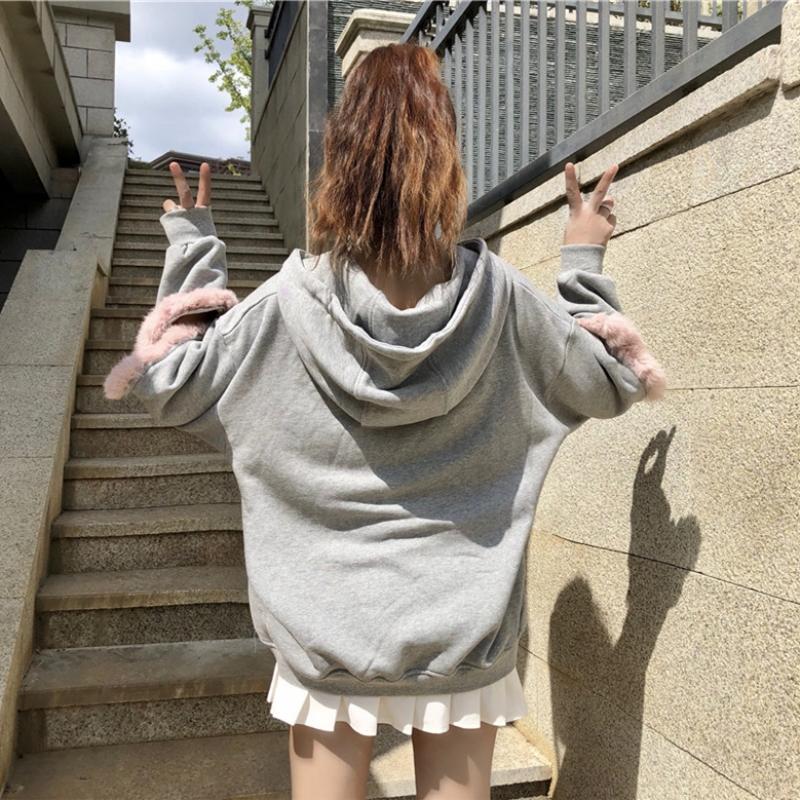 Grey Open Sleeve Fur Hoodie Sweater SD00292