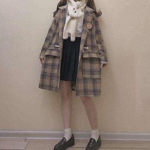 Plaid Khaki Long Coat SD00430