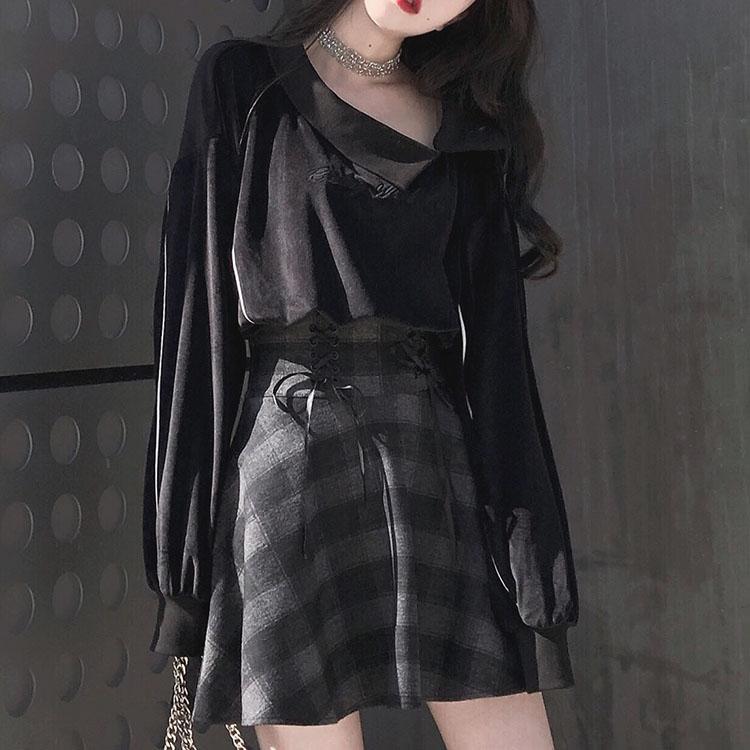 Velvet Witch Face Sweater Plaid Grey Skirt Set SD00341