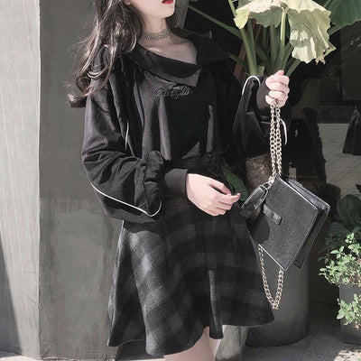 Velvet Witch Face Sweater Plaid Grey Skirt Set SD00341