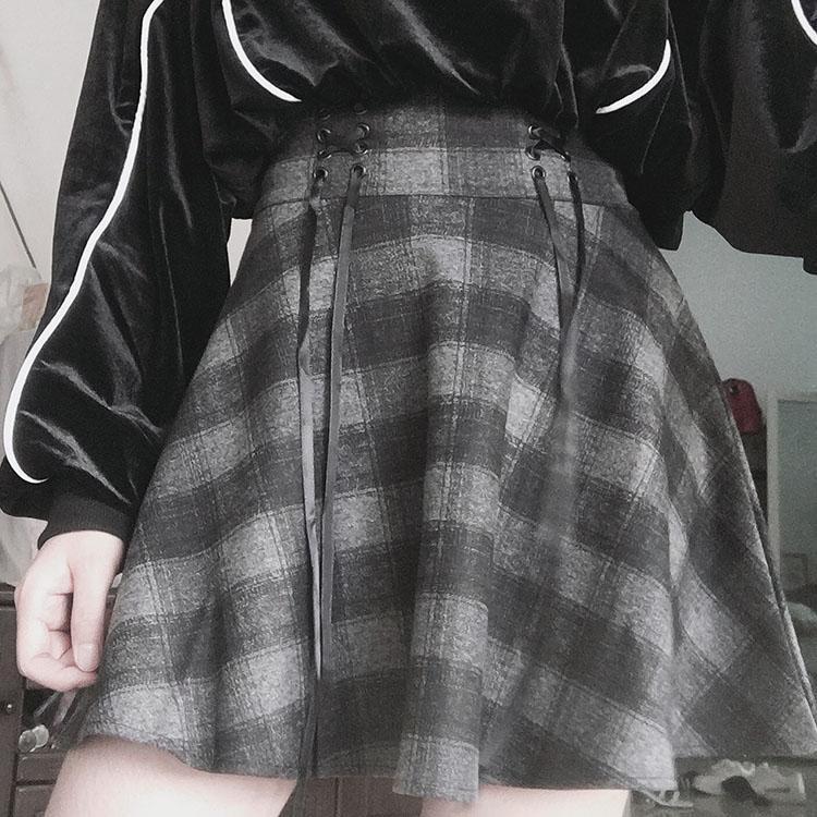 Velvet Witch Face Sweater Plaid Grey Skirt Set SD00341