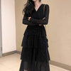 Black Mesh Long Ruffle Skirt Dress SD00493