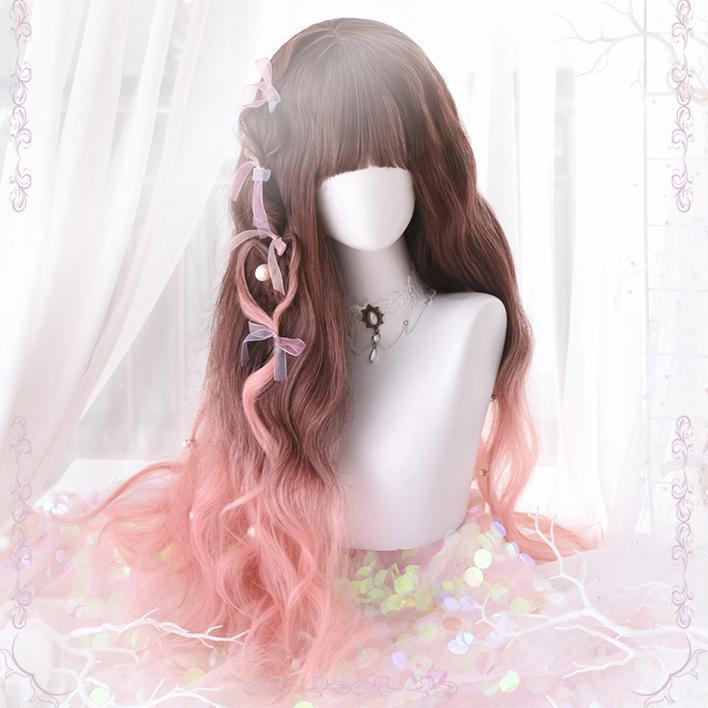 Gradient Brown Pink Curly Long Wig SD00441