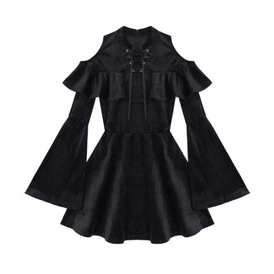 Ruffle Black Velvet String Dress SD00568