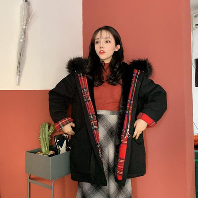 Plaid Loose Fur Hoodie Coat SD00561