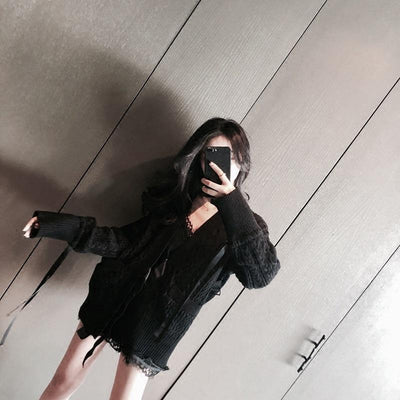 Korean Spring Black Lace Knitted Cardigan Sweater SD01632