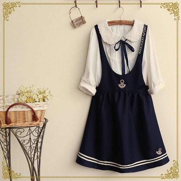 Japanese Fashion Striped Sea Anchor Strap Dress Skirts SD00986