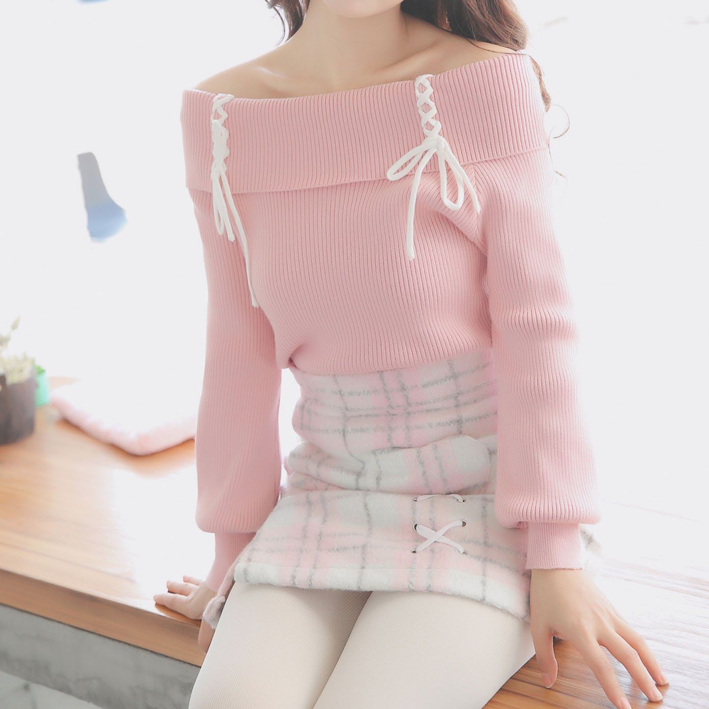 Cross Strings Pink Shoulder-less Sweater SD00279