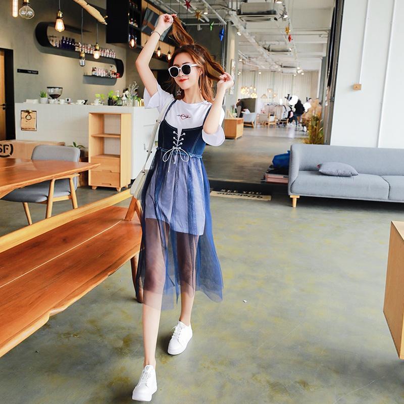 Korean Summer Mesh Denim Long Dress SD01630