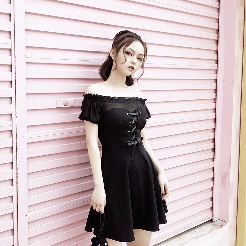 Japanese Summer Black Heart Ribbon Mesh Sheer Shoulderless Dress SD01154