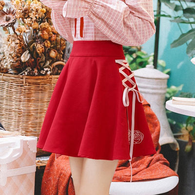 Red Rose Ribbon High Waist Skirt SD00204