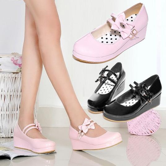 Harajuku Japanese Cute 2 Strap Bow Short Platform Heel Shoes SD01998