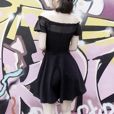 Japanese Summer Black Heart Ribbon Mesh Sheer Shoulderless Dress SD01154