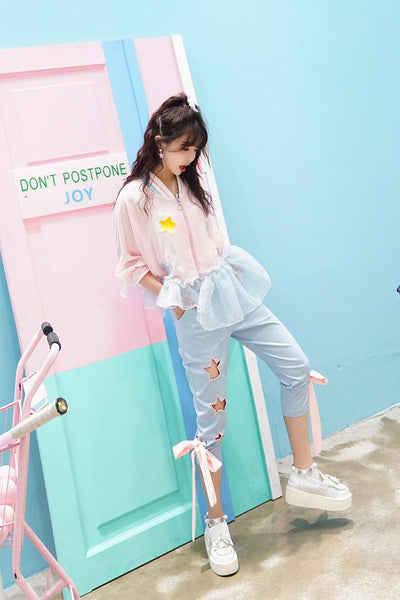 Blue Hollow Star Pink Bow Tie Pants SD00738