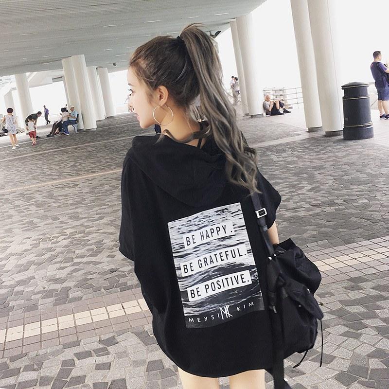 Korean Summer Fashion Black Loose Printed Hoodie T-shirt SD00921