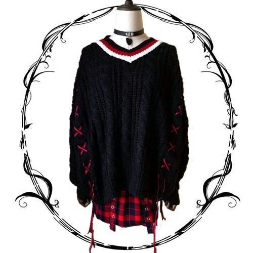 V-neck cross-straps knitted loose sweater SD01058