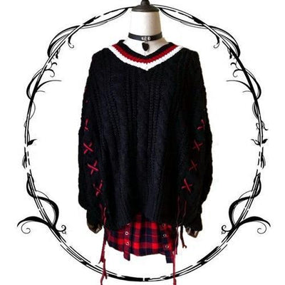 V-neck cross-straps knitted loose sweater SD01058