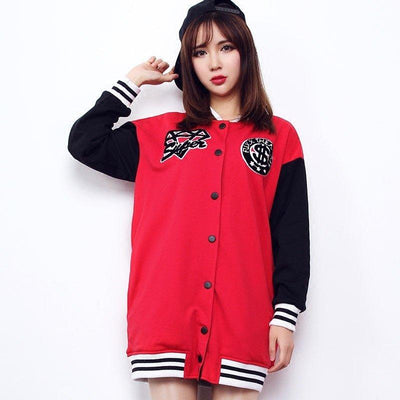 Korean Black/Red Long Baseball Jacket SD01334