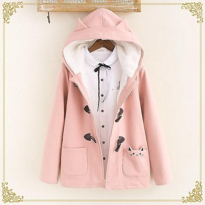 Warm Kawaii Pink/Black/Navy Embroidered Cat Hooded Ear Jacket SD01653