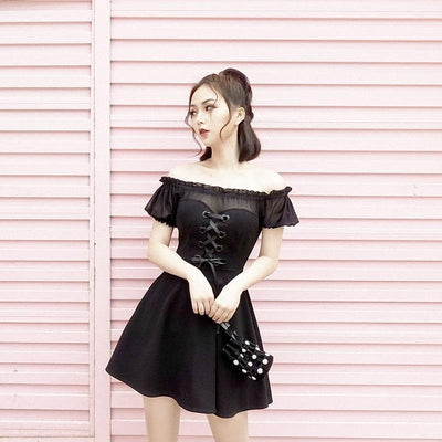 Japanese Summer Black Heart Ribbon Mesh Sheer Shoulderless Dress SD01154