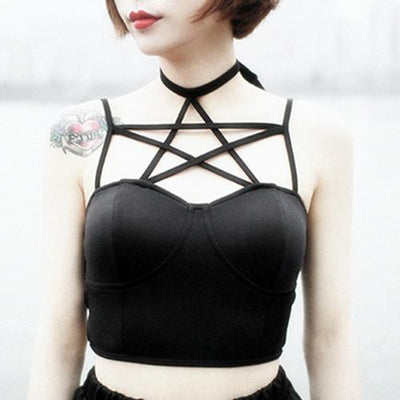 Japanese Summer Black Pentagram Strap Collar Top SD01141