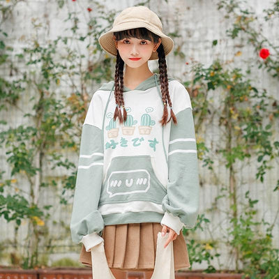 Japanese Kawaii Cactus Print Green Sweater SD00758