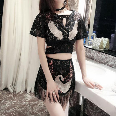 Chinese Cheongsam Style Bird Sakura Flowers Two Piece Set Top/Skirt SD01988