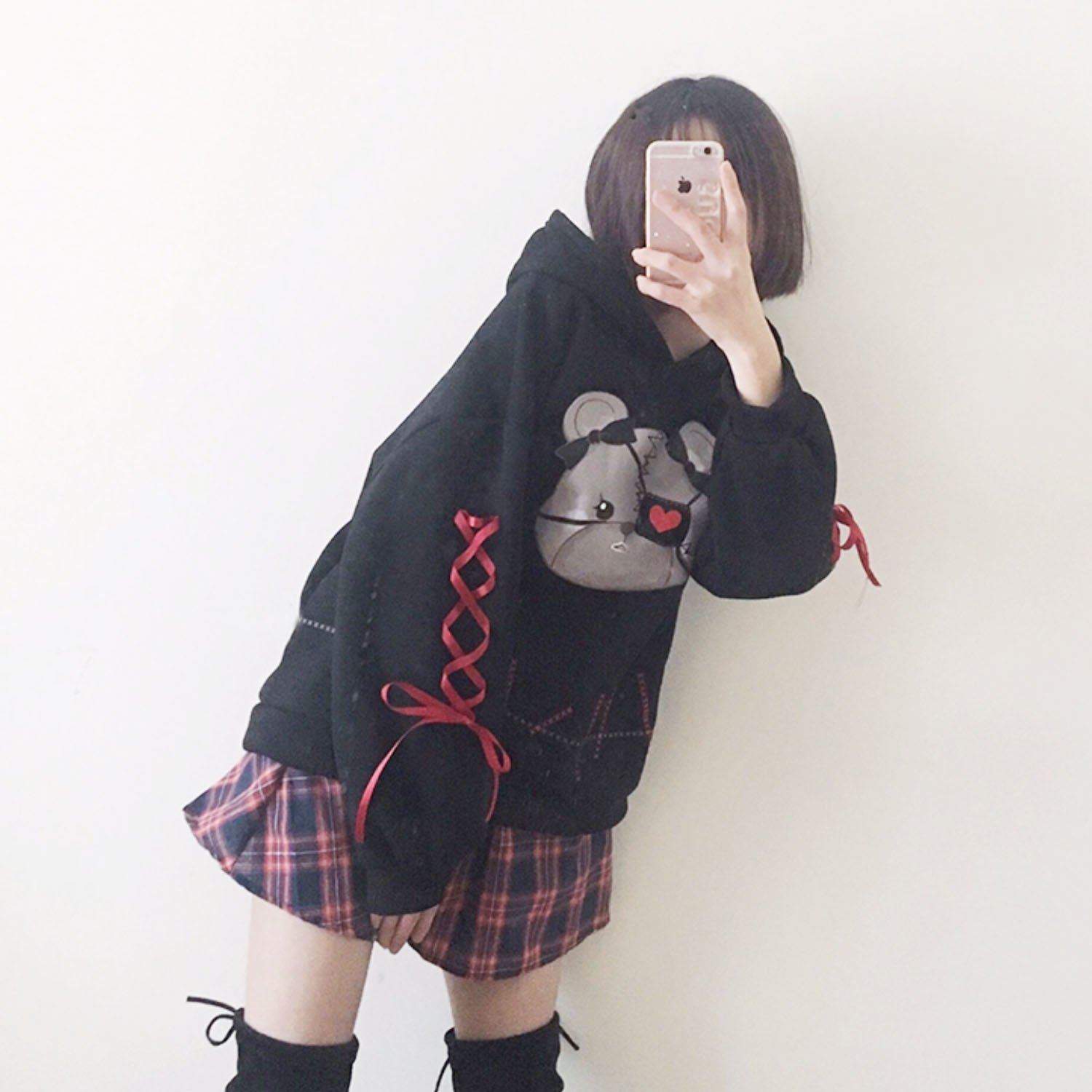 Eye Patch Bear Ribbon Sleeves Hoodie Sweater SD00298
