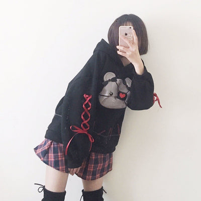 Eye Patch Bear Ribbon Sleeves Hoodie Sweater SD00298