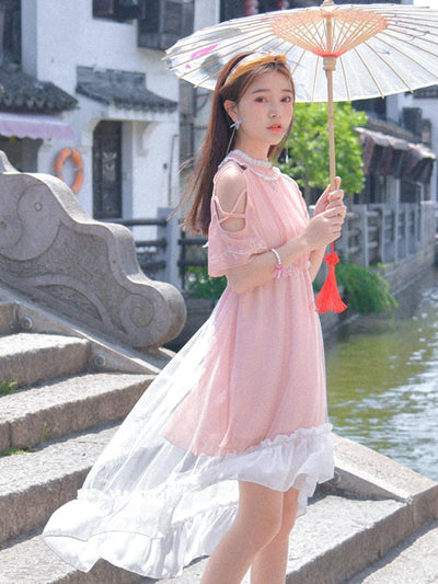 Japanese Summer Pink Lace Mesh Sheer High Low Dress SD01984