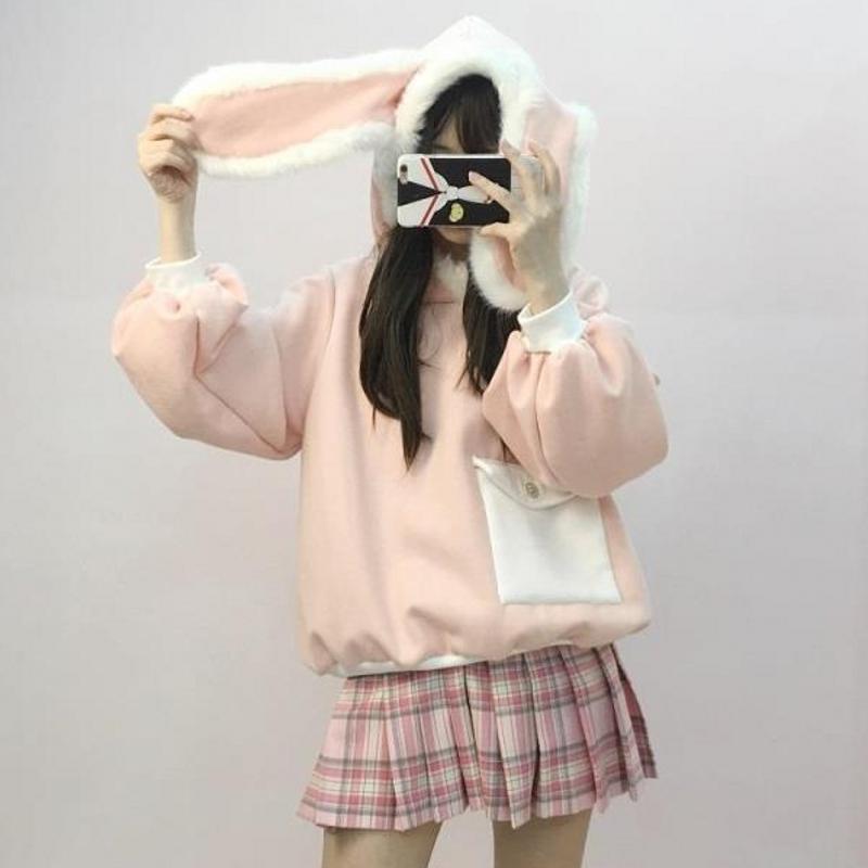 Pink Fluffy Bunny Ears Hoodie Sweater SD00235