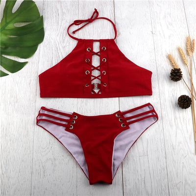 Red String Laced Up 2 Piece Swimsuit SD00435