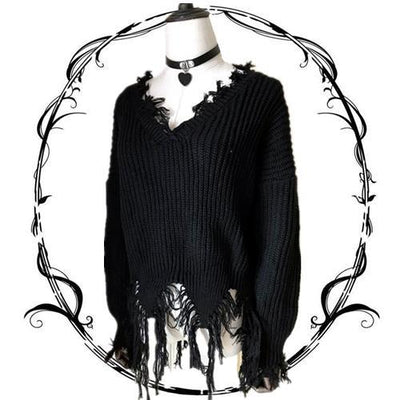 Japanese harajuku black ripped tassel knit sweater SD01062