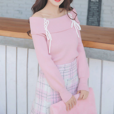 Cross Strings Pink Shoulder-less Sweater SD00279