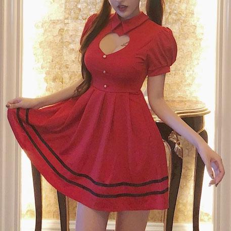 Sexy Heart Keyhole Hollow Cut Out Chest Short Sleeve Dress SD01284