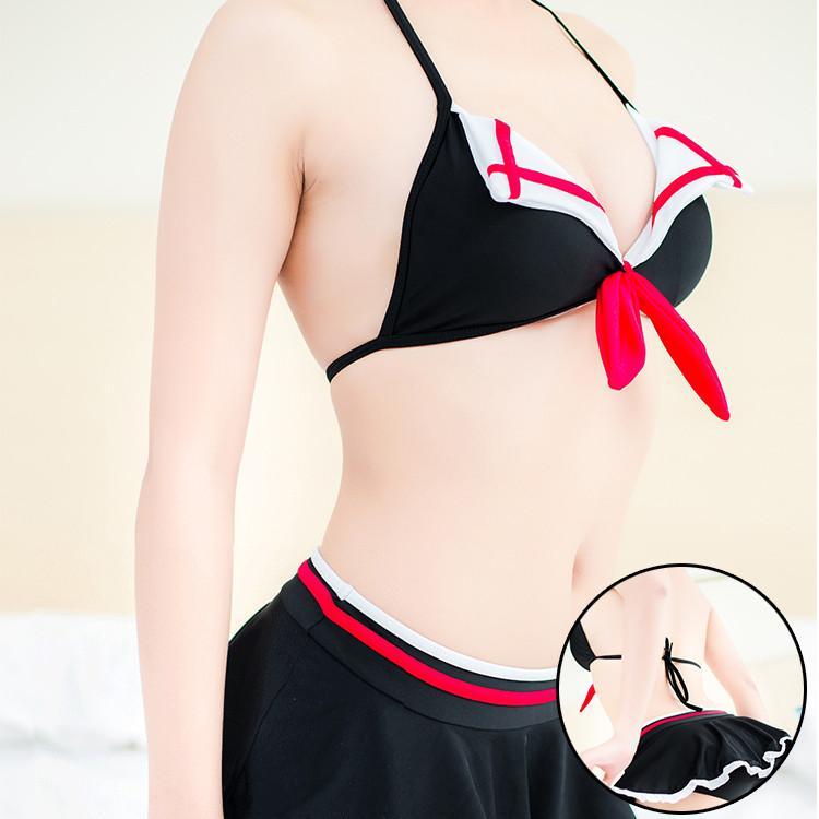 School Girl Black Red Bow Bikini Swimsuit SD00559