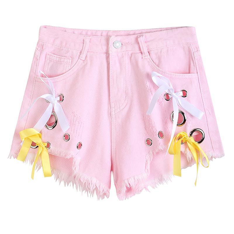 Sweet Pink Hole Ring Ribbon Shorts Pants SD01902