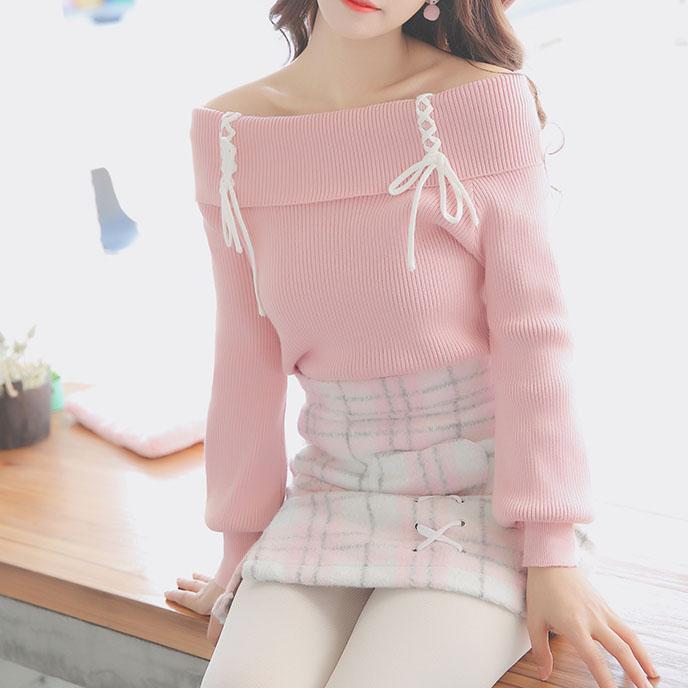 Cross Strings Pink Shoulder-less Sweater SD00279