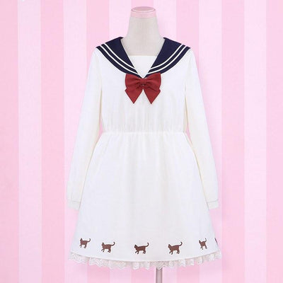 Japanese Harajuku Style Sailor Cute Cat Print Dress SD00876