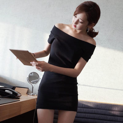 Korean summer casual black shoulder-less dress SD00948