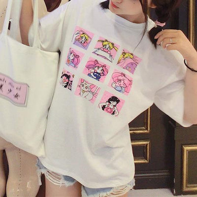 Pink White Sailor Moon Cute Printed Summer T-shirt SD02351