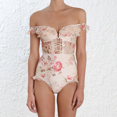Vintage Floral Ruffle Strap Strings Bustier Swimsuit SD00542