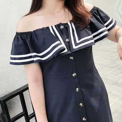 Plus Size Navy Lotus Shoulder-less Dress SD00165