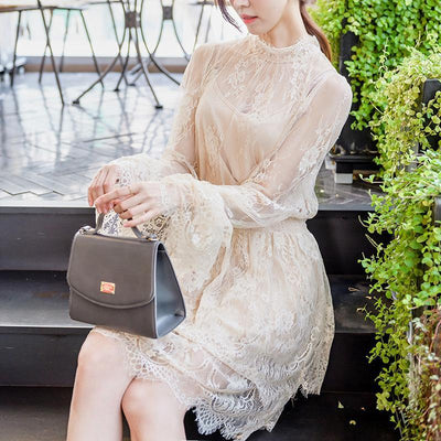 Korean autumn apricot lace long sleeve stand dress SD00508