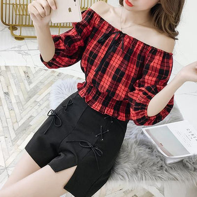 Punk Plaid Shoulder-less Top + Shorts Set SD00249