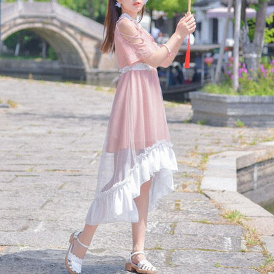 Japanese Summer Pink Lace Mesh Sheer High Low Dress SD01984