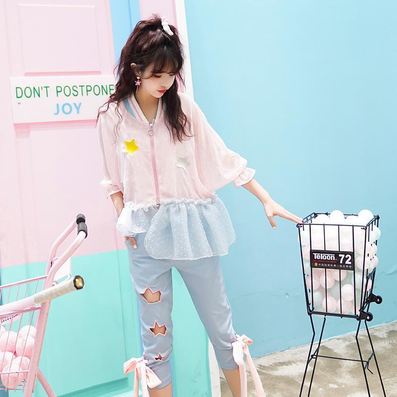 Blue Hollow Star Pink Bow Tie Pants SD00738