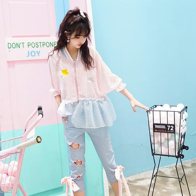 Blue Hollow Star Pink Bow Tie Pants SD00738