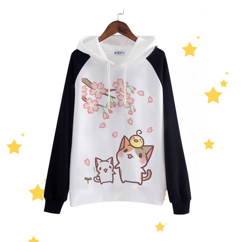 Cute Loose White/Black Long Sleeve Hooded Cat Sweater SD01540