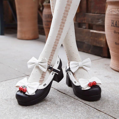 Harajuku Japanese Strawberry Bow Lace Short Heel Shoes SD01996